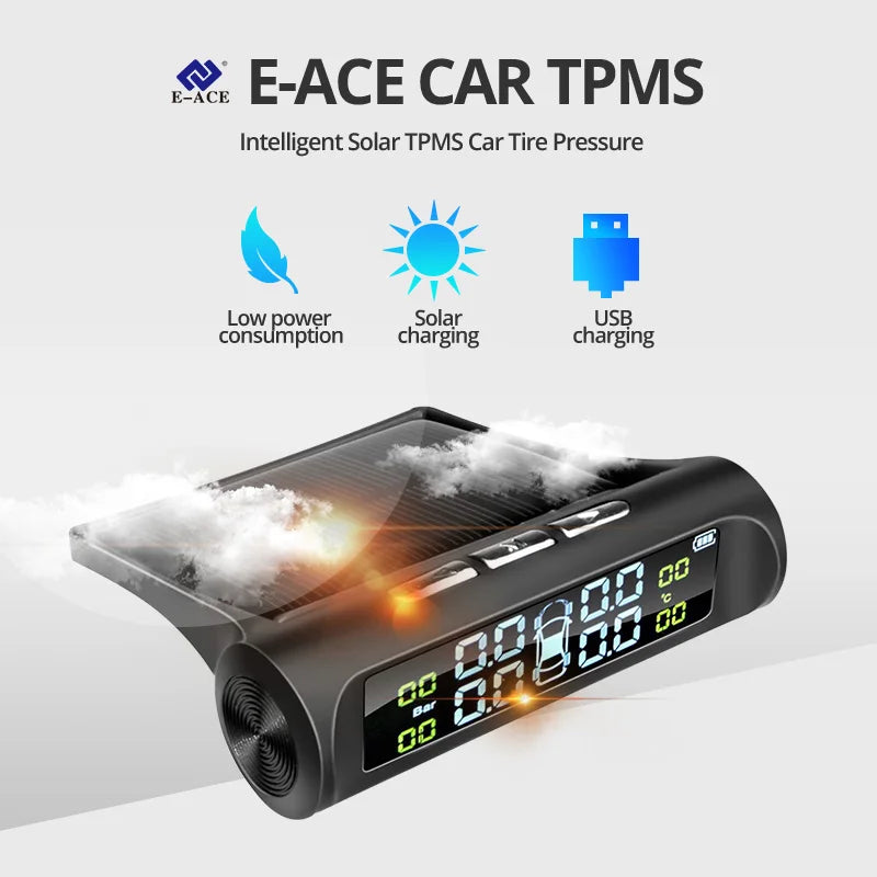 Solar Power TPMS Car Tire Pressure Alarm Monitor System