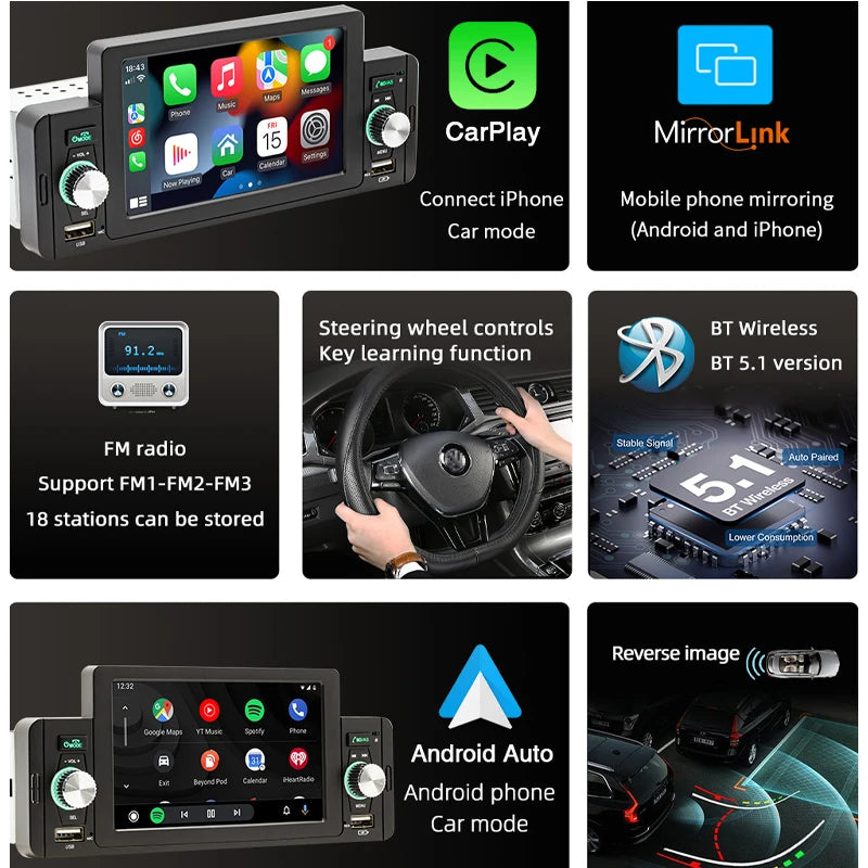 1 Din 5" CarPlay Radio Car Stereo Bluetooth MP5 Player Android-Auto Hands Free A2DP USB FM Receiver Audio System Head Unit F160C