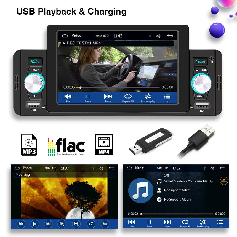 1 Din 5" Wireless CarPlay Radio Car Stereo Android-Auto Bluetooth MP5 HandsFree USB RDS FM Receiver Audio System Head Unit 160W