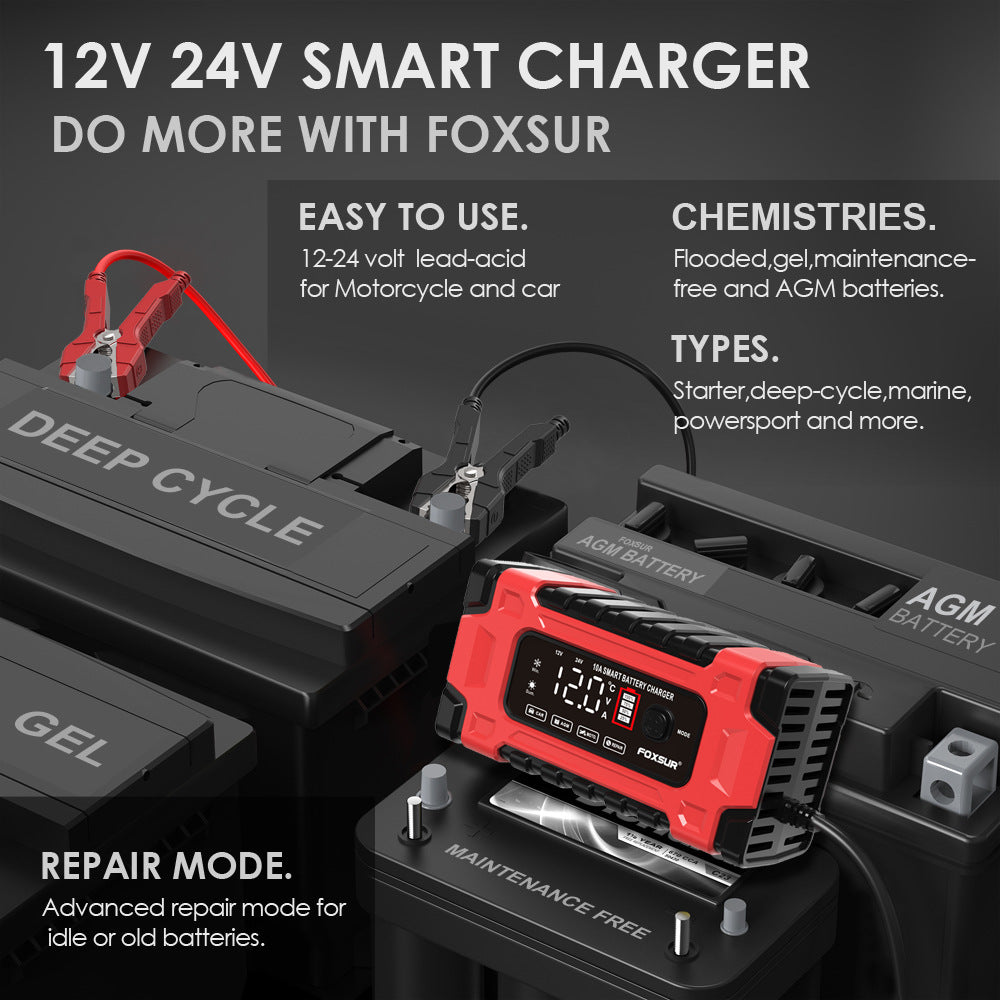 12V 24V 10A large screen display smart repair car Motorcycle charger