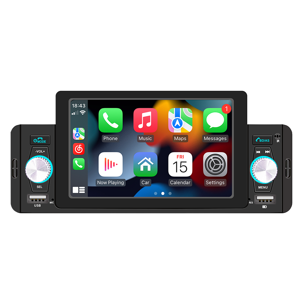 1 Din 5" Wireless CarPlay Radio Car Stereo Android-Auto Bluetooth MP5 HandsFree USB RDS FM Receiver Audio System Head Unit 160W