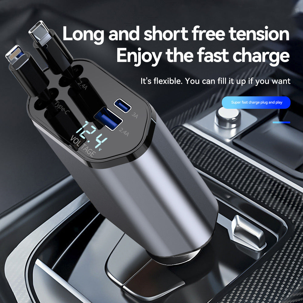 60W Fast Car Phone Charger With 4-In-1 Retractable Cable, Usb Car Charger