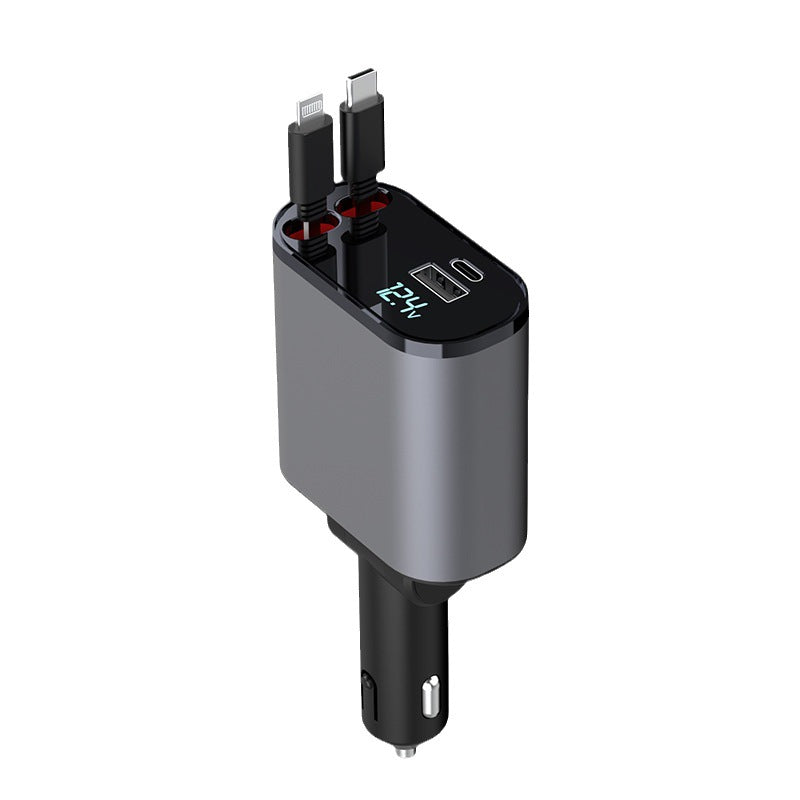 60W Fast Car Phone Charger With 4-In-1 Retractable Cable, Usb Car Charger