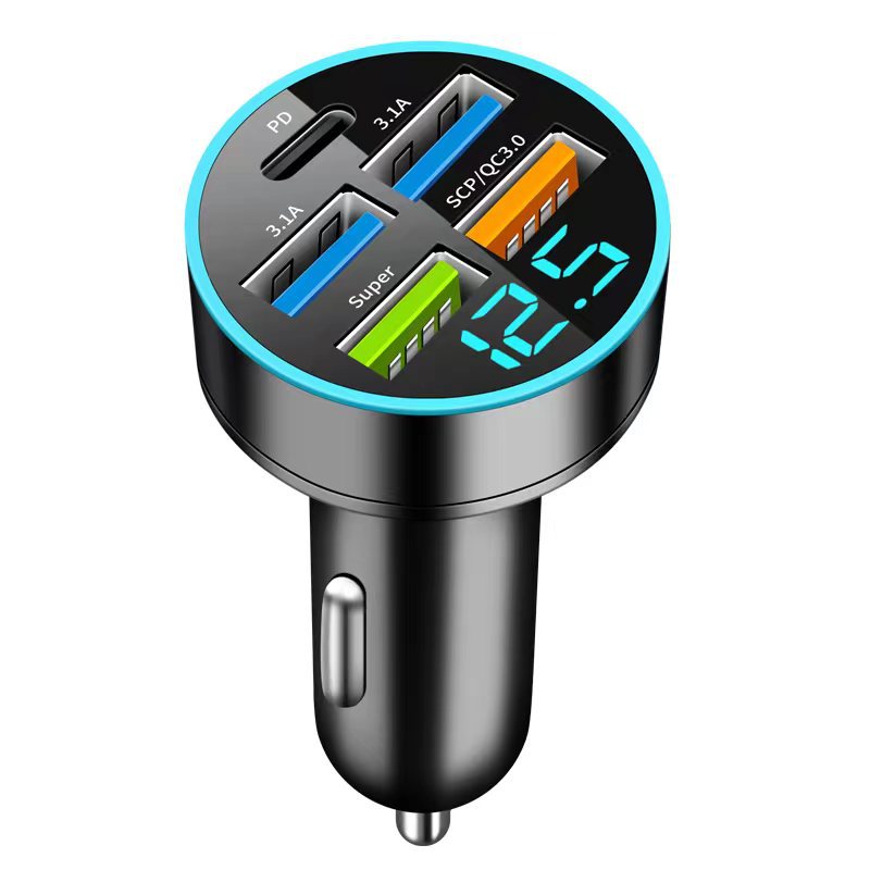 New 66W Digital Display Car Charger, 4 USB Ports, PD Fast Charging, 1-to-4 QC3.0 Adapter.