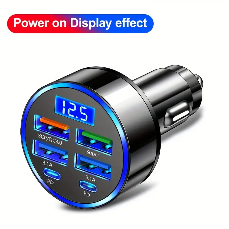 New 66W Digital Display Car Charger, 4 USB Ports, PD Fast Charging, 1-to-4 QC3.0 Adapter.